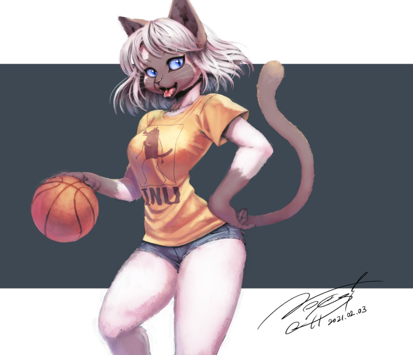 2021 anthro basketball black_ears black_facial_markings black_tail blue_eyes bottomwear breasts clothing domestic_cat felid feline felis female fur grey_body grey_fur grey_hair hair hand_on_hip japanese_text kemono leg_markings looking_at_viewer mammal markings medium_breasts nogi open_mouth pose shirt shorts siamese socks_(marking) solo standing t-shirt tail text tongue topwear whiskers