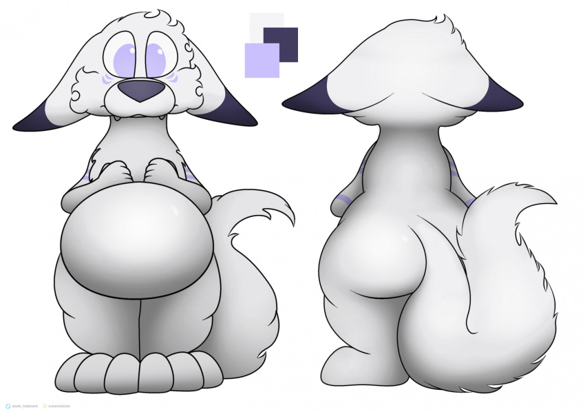 ambiguous_gender anthro belly big_belly big_butt butt canid canine fangs fox foxball fur hi_res kitty_pride lying mammal model_sheet multicolored_body nude on_back purple_body rear_view simple_background solo stripes teeth white_body