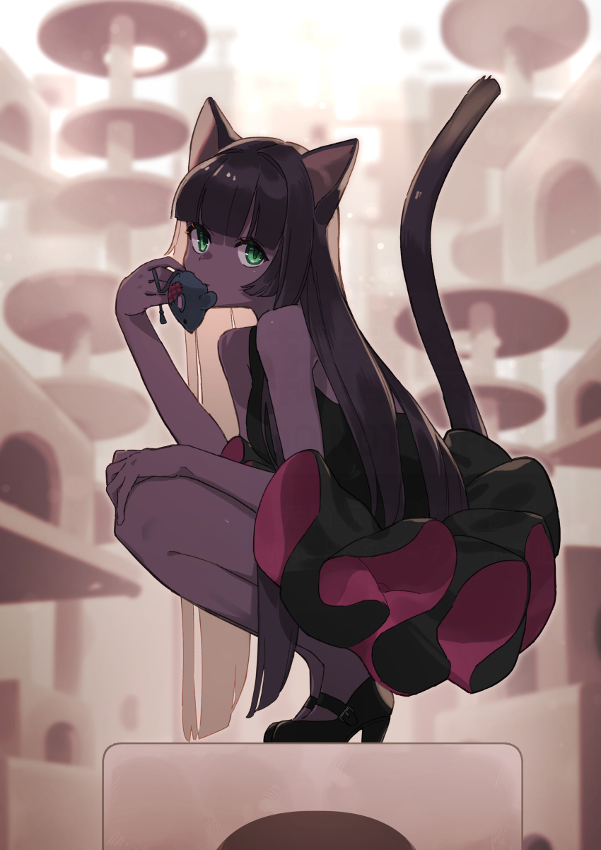 1girl absurdres animal animal_ears bare_arms bare_legs black_dress black_footwear blunt_bangs breasts brown_hair brown_tail cat's_cradle cat_ears cat_girl cat_tail dark-skinned_female dark_skin dead_animal dress eating frilled_dress frills full_body green_eyes hand_on_own_knee hand_up high_heels highres hime_cut holding holding_animal long_hair looking_at_viewer mouse original pink_dress small_breasts small_face solo squatting tail tail_raised two-tone_dress yau5531