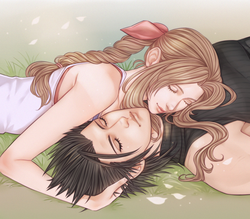 1boy 1girl aerith_gainsborough bare_shoulders black_hair black_sweater braid braided_ponytail brown_hair closed_mouth commentary couple crisis_core_final_fantasy_vii crylin6 dress eyelashes final_fantasy final_fantasy_vii grass hair_ribbon hand_on_another's_head lips long_hair lying on_back on_stomach parted_bangs petals pink_ribbon ribbed_sweater ribbon short_hair sleeping sleeveless sleeveless_turtleneck spiked_hair sweater symbol-only_commentary turtleneck turtleneck_sweater upper_body white_dress zack_fair