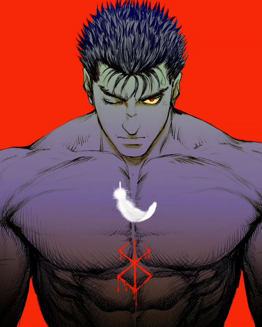 1boy arms_at_sides berserk black_hair bleeding blood brand_of_sacrifice chest_tattoo colored_sclera glowing_feather guts_(berserk) highres looking_at_viewer monochrome muscular muscular_male nisino2222 nude one_eye_closed red_background red_eyes short_hair simple_background solo spiked_hair tattoo yellow_sclera