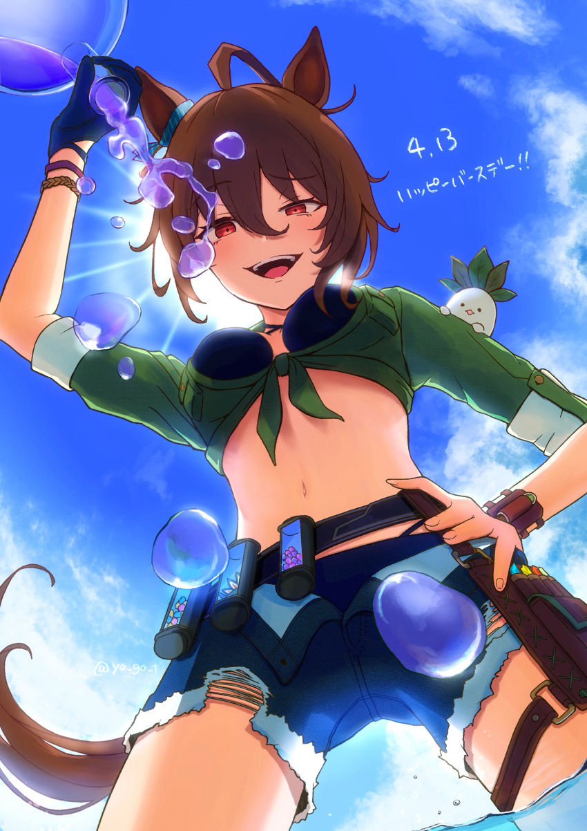 1girl absurdres agnes_tachyon_(lunatic_lab)_(umamusume) agnes_tachyon_(umamusume) ahoge animal_ears belt belt_pouch bikini black_bikini blue_shorts breast_pocket breasts brown_eyes brown_hair canister cleavage cloud cloudy_sky commentary_request cowboy_shot criss-cross_halter daikon ear_ornament flask green_jacket groin hair_between_eyes halterneck hand_around_wrist highres horse_ears horse_girl horse_tail jacket kii-kun_(agnes_tachyon)_(umamusume) leather_wrist_straps long_sleeves medium_hair micro_shorts midriff motion_lines navel ocean official_alternate_costume official_alternate_hairstyle open_clothes open_fly open_mouth open_shorts outdoors pocket pouch pulling radish round-bottom_flask short_ponytail shorts sky solo splashing sweatdrop swimsuit tail thigh_strap tied_jacket torn_clothes torn_shorts umamusume wading wet wrist_straps yogoto_(yo_go_t)