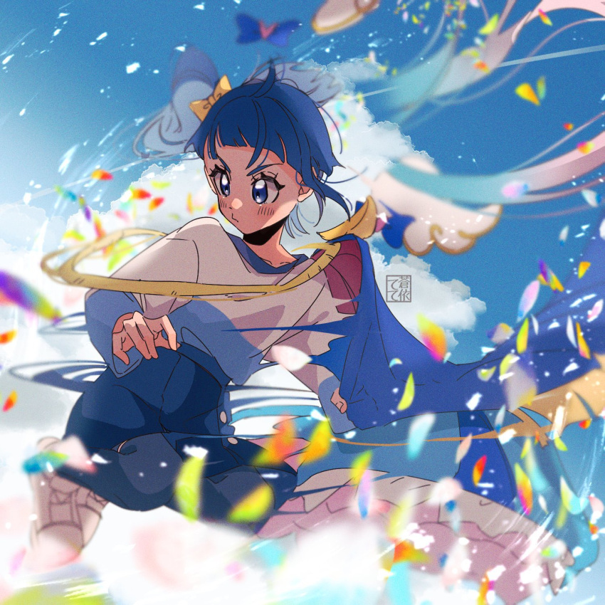 1girl aoi_tete artist_logo blue_cape blue_eyes blue_hair blue_shirt blue_skirt blue_sky blue_thighhighs cape capelet casual closed_mouth cloud cloudy_sky cut_bangs day detransformation frown highres hirogaru_sky!_precure jumping legs_up long_sleeves looking_to_the_side medium_hair miniskirt outdoors precure red_capelet shirt shoes single_sidelock skirt sky solo sora_harewataru thighhighs two-tone_shirt white_footwear white_shirt