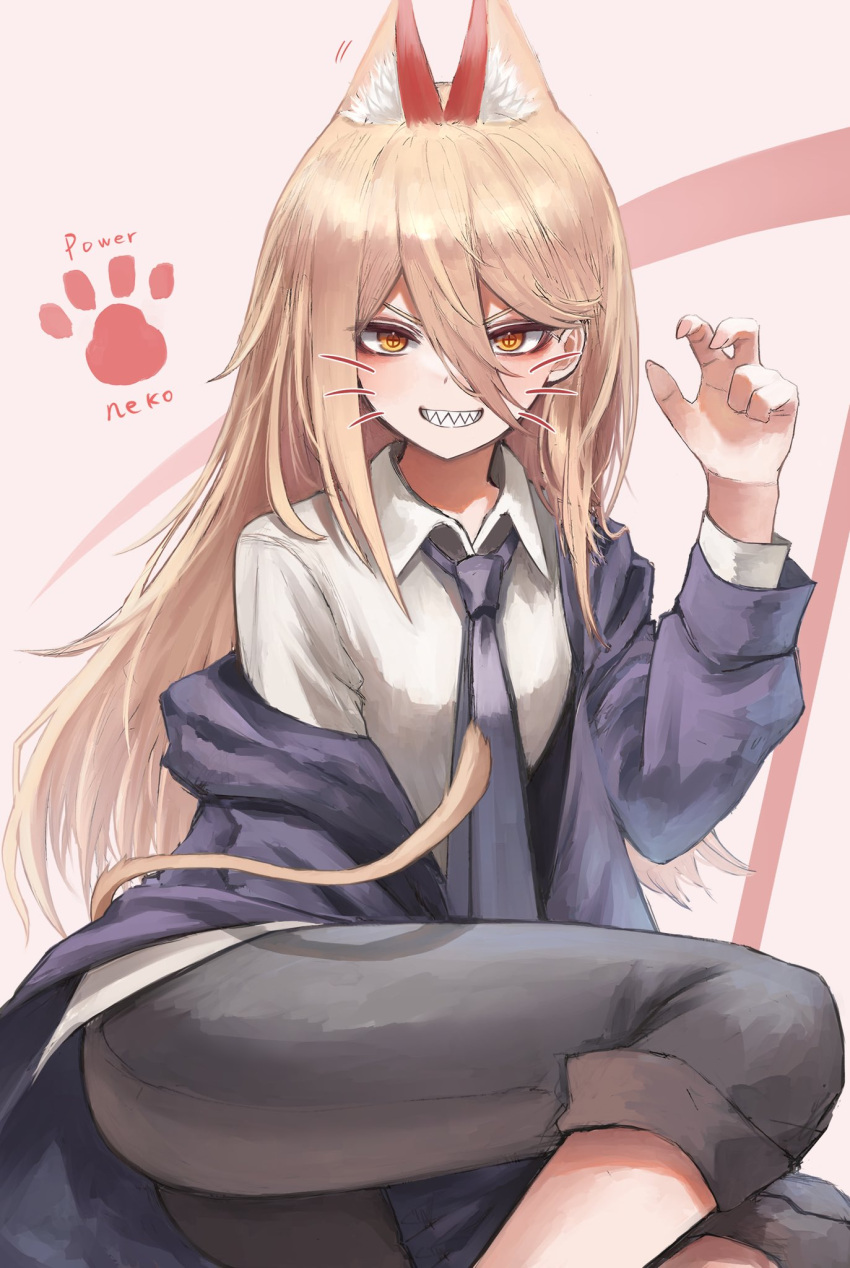 1girl animal_ears animal_hands blonde_hair blue_jacket blue_necktie cat_ears cat_paws cat_tail chainsaw_man character_name claw_pose collared_shirt cross-shaped_pupils deyo_(nicijyou) drawn_whiskers hair_between_eyes highres jacket long_hair looking_at_viewer necktie off_shoulder pants pants_rolled_up parted_lips power_(chainsaw_man) scythe sharp_teeth shirt simple_background smile solo symbol-shaped_pupils tail teeth white_background white_shirt yellow_eyes