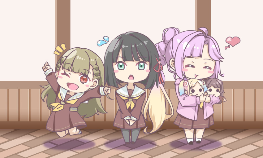 3girls ;d =_= anyoji_hime asymmetrical_bangs black_hair black_pantyhose blonde_hair blue_hair blunt_bangs blunt_ends blush_stickers braid brown_dress brown_hair center-flap_bangs character_doll check_commentary closed_eyes commentary_request deformed doll dress feet_up flower flying_sweatdrops fujishima_megumi gradient_hair green_eyes green_hair hair_flower hair_intakes hair_ornament hasu_no_sora_school_uniform highres holding holding_doll jacket jumping kachimachi_kosuzu light_blue_hair link!_like!_love_live! long_hair long_sleeves looking_at_viewer love_live! matsurugi_tsukasa medium_dress momose_ginko multi-tied_hair multicolored_hair multiple_girls neckerchief notice_lines one_eye_closed open_clothes open_jacket open_mouth osawa_rurino outstretched_arms pantyhose parted_bangs pink_flower pink_hair pink_jacket pleated_dress ponytail purple_eyes red_eyes sailor_collar sailor_dress school_uniform shadow short_hair side_braids sidelocks smile socks spread_arms standing straight_hair swept_bangs twintails two_side_up v_arms very_long_hair virtual_youtuber white_sailor_collar white_socks winter_uniform wooden_floor yellow_neckerchief