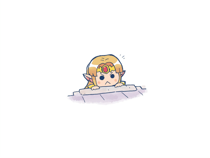 1girl :&lt; bangs black_eyes blonde_hair blush_stickers chibi circlet closed_mouth halftone highres notice_lines parted_bangs peeking_out pointy_ears princess_zelda rariatto_(ganguri) simple_background solo super_smash_bros. the_legend_of_zelda the_legend_of_zelda:_a_link_between_worlds upper_body v-shaped_eyebrows white_background