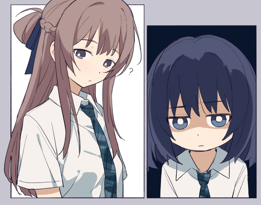 ? black_ribbon blue_eyes blue_hair blue_necktie blush braid bright_pupils brown_hair chinese_commentary closed_mouth coldcat. collared_shirt commentary_request commission french_braid grey_eyes hair_ribbon long_hair looking_at_viewer medium_hair miyagi_shiori necktie plaid_necktie ribbon school_uniform second-party_source sendai_hazuki shaded_face shirt short_sleeves shuuniichido_classmate_wo_kau_hanashi white_pupils white_shirt