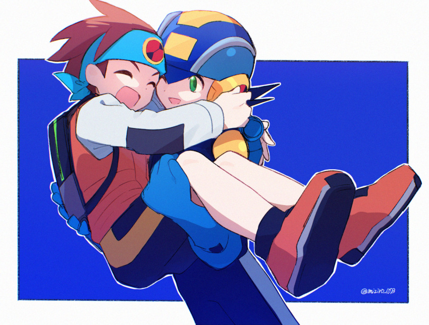 2boys bag black_shorts blue_background blue_bodysuit blue_headband blue_helmet bodysuit brothers brown_hair carrying closed_eyes emblem green_eyes headband lan_hikari_(mega_man) male_focus mega_man_(series) mega_man_battle_network_(series) megaman.exe mizuirov multiple_boys netnavi one_eye_closed orange_footwear orange_vest princess_carry school_bag shirt shoes shorts siblings twitter_username vest white_shirt