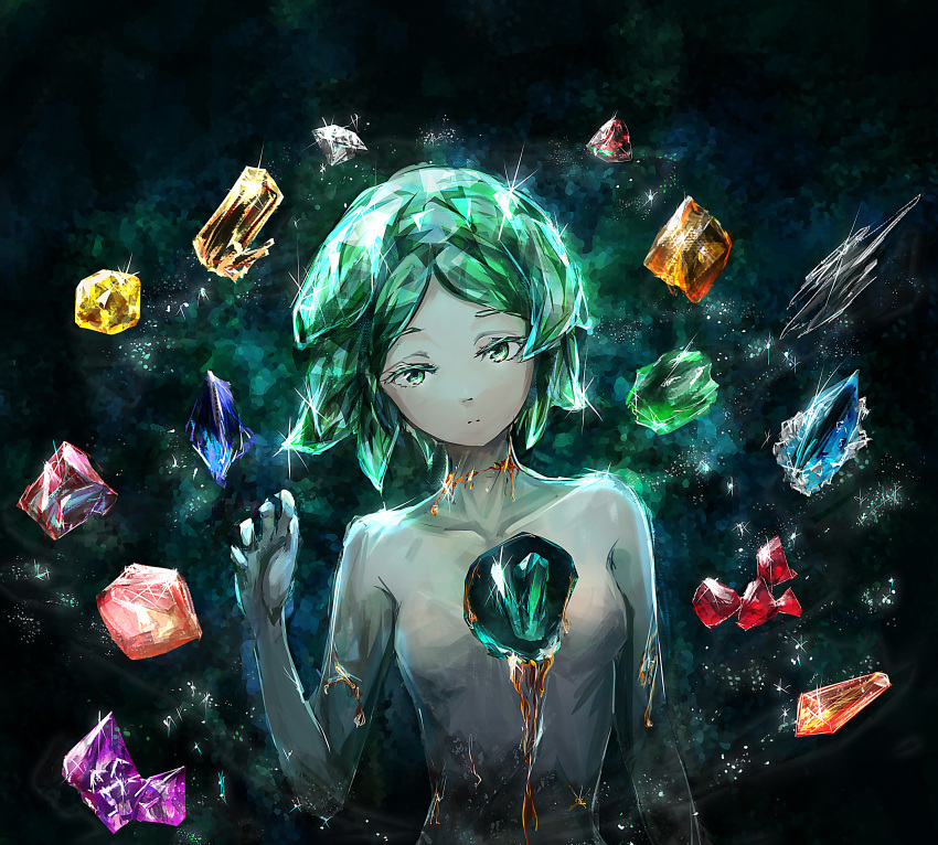 1other absurdres androgynous black_gemstone bleeding blood blue_gemstone commentary_request completely_nude cracked_skin crystal crystal_hair diamond_(gemstone) gem green_eyes green_gemstone green_hair grey_gemstone highres hole_in_chest hole_on_body houseki_no_kuni huijin looking_at_viewer nude orange_gemstone other_focus phosphophyllite pink_gemstone purple_gemstone red_gemstone sad short_hair solo sparkle upper_body yellow_gemstone