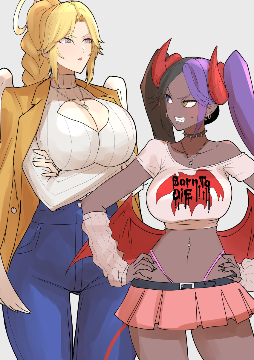 absurdres angel angel_wings angry black_hair blonde_hair blue_eyes breasts clash_kuro_neko commission dark-skinned_female dark_skin demon_tail demon_wings denim english_text grey_eyes halo heterochromia highres horns huge_breasts jacket jacket_on_shoulders jeans large_breasts multicolored_hair original pants pleated_skirt purple_hair red_horns red_wings siblings sisters skeb_commission skirt tail tall_female tiefling wings