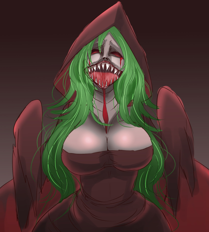 big_breasts blood blood_from_eye bloodstained:_ritual_of_the_night bodily_fluids breasts brown_background brown_clothing brown_dress cleavage clothed clothing cyhyraeth_(bloodstained) dress female ghost green_hair grey_body grey_skin hair hi_res hood huge_breasts humanoid long_hair monstrous_humanoid morgan_zero02 nightmare_fuel open_mouth red_eyes saliva sharp_teeth simple_background solo spirit teeth undead