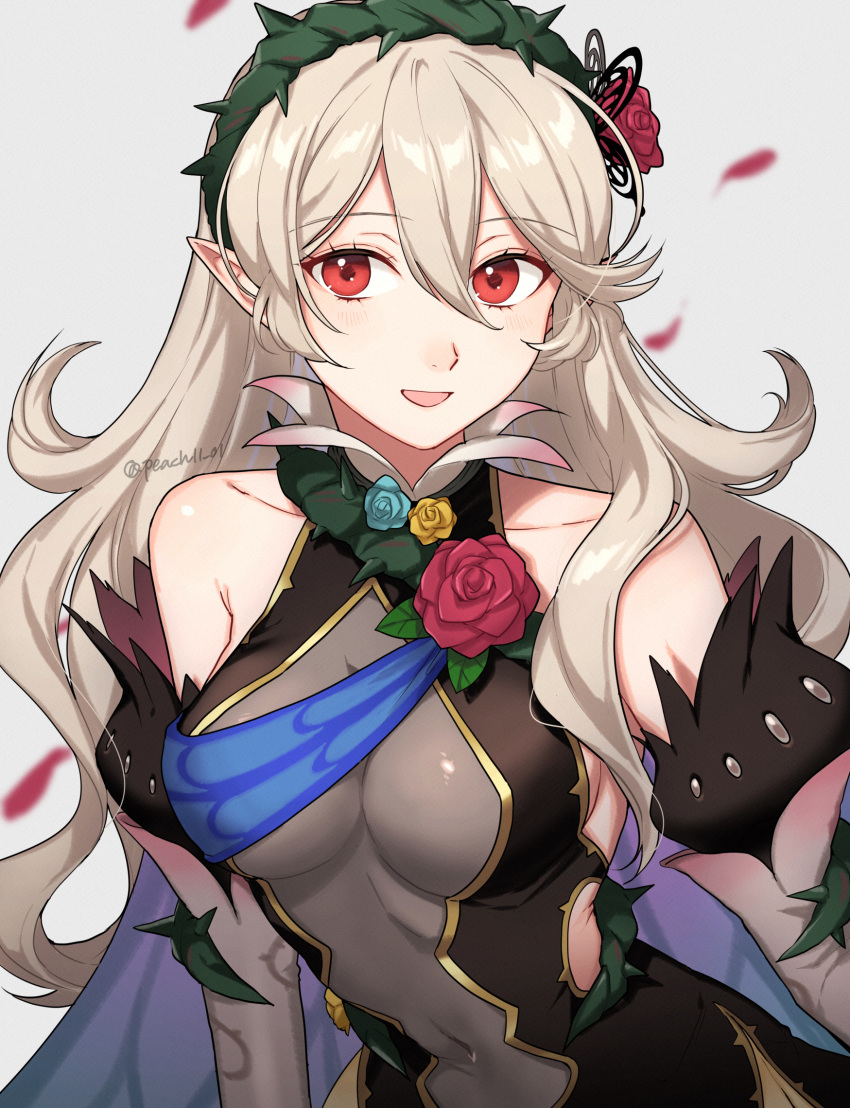 1girl breasts cape cleavage corrin_(female)_(fire_emblem) corrin_(fire_emblem) detached_sleeves fire_emblem fire_emblem_fates fire_emblem_heroes flower hairband highres juliet_sleeves long_hair long_sleeves looking_at_viewer official_alternate_costume peach11_01 pointy_ears puffy_sleeves red_eyes rose smile solo thorns white_hair