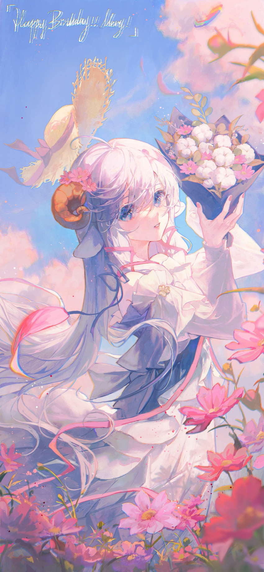 1girl absurdres ahoge animal_ears blue_eyes blue_sky bouquet brown_horns chromatic_aberration cloud commentary cosmos_(flower) curled_horns day dress english_text fingernails flower hair_between_eyes hair_flower hair_ornament hat highres holding holding_bouquet horns long_hair long_sleeves looking_at_viewer maccha_(mochancc) merry_(meumy) meumy nail_polish outdoors parted_lips pink_flower pink_nails pink_ribbon ribbon sheep_ears sheep_girl sheep_horns sidelocks sky solo straw_hat teeth unworn_headwear very_long_hair virtual_youtuber white_dress white_hair