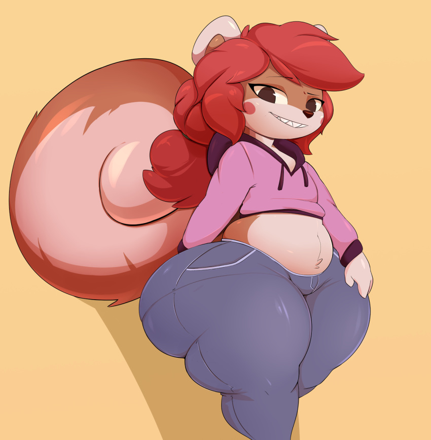 big_butt bottomwear butt clothing cracker_(artist) girly hair hand_on_butt hi_res hoodie huge_thighs long_hair male mammal pants rodent rowan_(jcsm) sciurid simple_background slightly_chubby small_clothing solo thick_thighs tight_bottomwear tight_clothing tight_pants topwear tree_squirrel