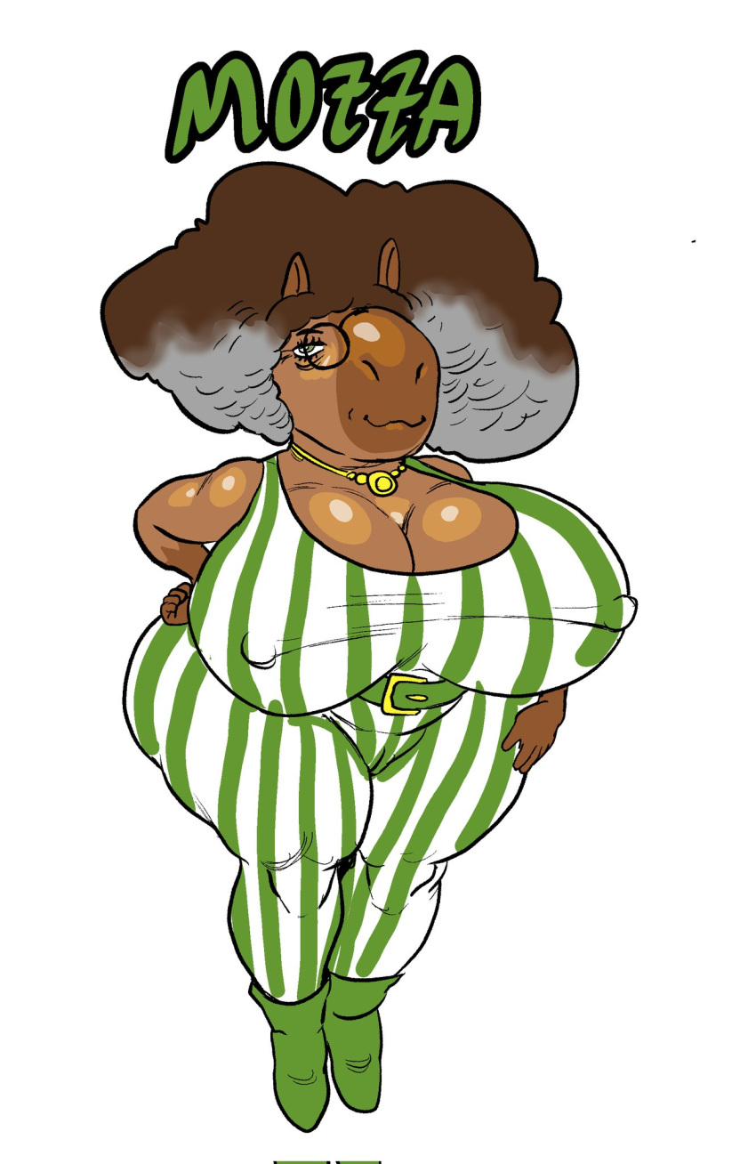 anthro belt big_breasts breasts brown_body capybara caviid cleavage clothed clothing dress english_text eyewear female footwear glasses gloves_(marking) goudadunn green_eyes hair hi_res huge_breasts jewelry looking_at_viewer mammal markings mature_anthro mature_female mozza_(goudadunn) multicolored_hair necklace nipple_outline rodent shoes smile solo text thick_thighs two_tone_hair wide_hips