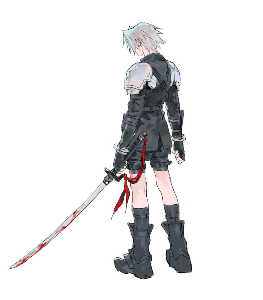 1boy aged_down armor bangle black_footwear black_gloves black_jacket black_shorts blood blood_on_weapon boots bracelet facing_viewer final_fantasy final_fantasy_vii final_fantasy_vii_ever_crisis fingerless_gloves full_body gloves grey_hair highres holding holding_sword holding_weapon jacket jewelry katana long_sleeves male_focus official_alternate_costume quxiaochong red_ribbon ribbon sephiroth short_hair shorts shoulder_armor solo sword weapon