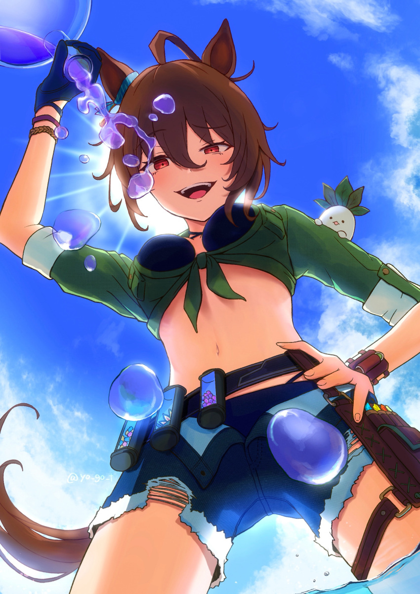 1girl absurdres agnes_tachyon_(lunatic_lab)_(umamusume) agnes_tachyon_(umamusume) ahoge animal_ears belt belt_pouch bikini black_bikini blue_shorts breast_pocket breasts brown_eyes brown_hair canister cleavage cloud cloudy_sky commentary_request cowboy_shot criss-cross_halter daikon ear_ornament flask green_jacket groin hair_between_eyes halterneck hand_around_wrist highres horse_ears horse_girl horse_tail jacket kii-kun_(agnes_tachyon)_(umamusume) leather_wrist_straps long_sleeves medium_hair micro_shorts midriff motion_lines navel ocean official_alternate_costume official_alternate_hairstyle open_clothes open_fly open_mouth open_shorts outdoors pocket pouch pulling radish round-bottom_flask short_ponytail shorts sky solo splashing sweatdrop swimsuit tail textless_version thigh_strap tied_jacket torn_clothes torn_shorts umamusume wading wet wrist_straps yogoto_(yo_go_t)