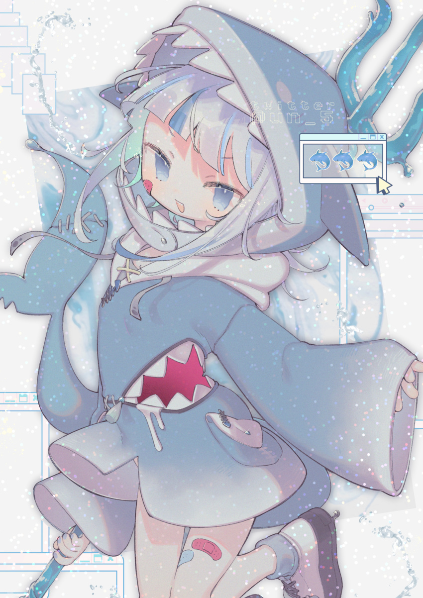1girl bandaid bandaid_on_face bandaid_on_leg blue_eyes blue_raincoat fish gawr_gura highres holding holding_trident holding_weapon hololive hololive_english hood long_sleeves mouse_pointer open_mouth pocket polearm raincoat shark_girl shoes solo standing standing_on_one_leg tail tendosora trident water weapon white_hair