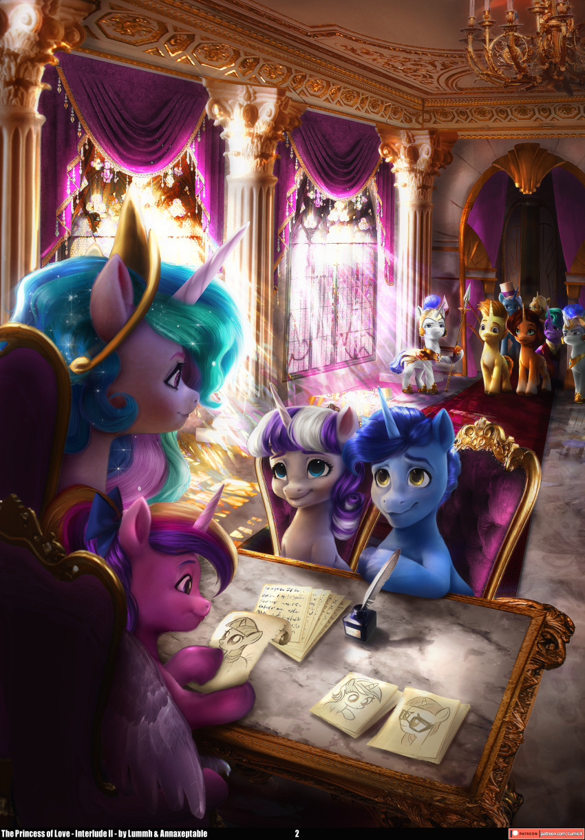 absurd_res adopted_(lore) adopted_daughter_(lore) adoptive_mother_(lore) audience bangs bright_light canterlot canterlot_castle chair chandelier chilllum crown curtains cutie_mark daughter_(lore) desk equid equine eye_contact father_(lore) father_and_child_(lore) father_and_daughter_(lore) feathered_wings feathers female feral firelight_(mlp) friendship_is_magic furniture group guards hasbro headgear hi_res horn husband husband_and_wife inkwell inside jack_pot_(mlp) looking_at_another loose_feather luxury lyra_heartstrings_(mlp) male mammal marble marble_floor married_couple melee_weapon moondancer_(mlp) mother_(lore) mother_and_child_(lore) mother_and_daughter_(lore) my_little_pony mythological_creature mythological_equine mythology night_light_(mlp) paperwork parent_(lore) parent_and_child_(lore) parent_and_daughter_(lore) pillars polearm princess_cadance_(mlp) princess_celestia_(mlp) quill regalia royal_guard_(mlp) sitting smile spear standing stellar_flare_(mlp) table twilight_sparkle_(mlp) twilight_velvet_(mlp) unicorn weapon wife winged_unicorn wings