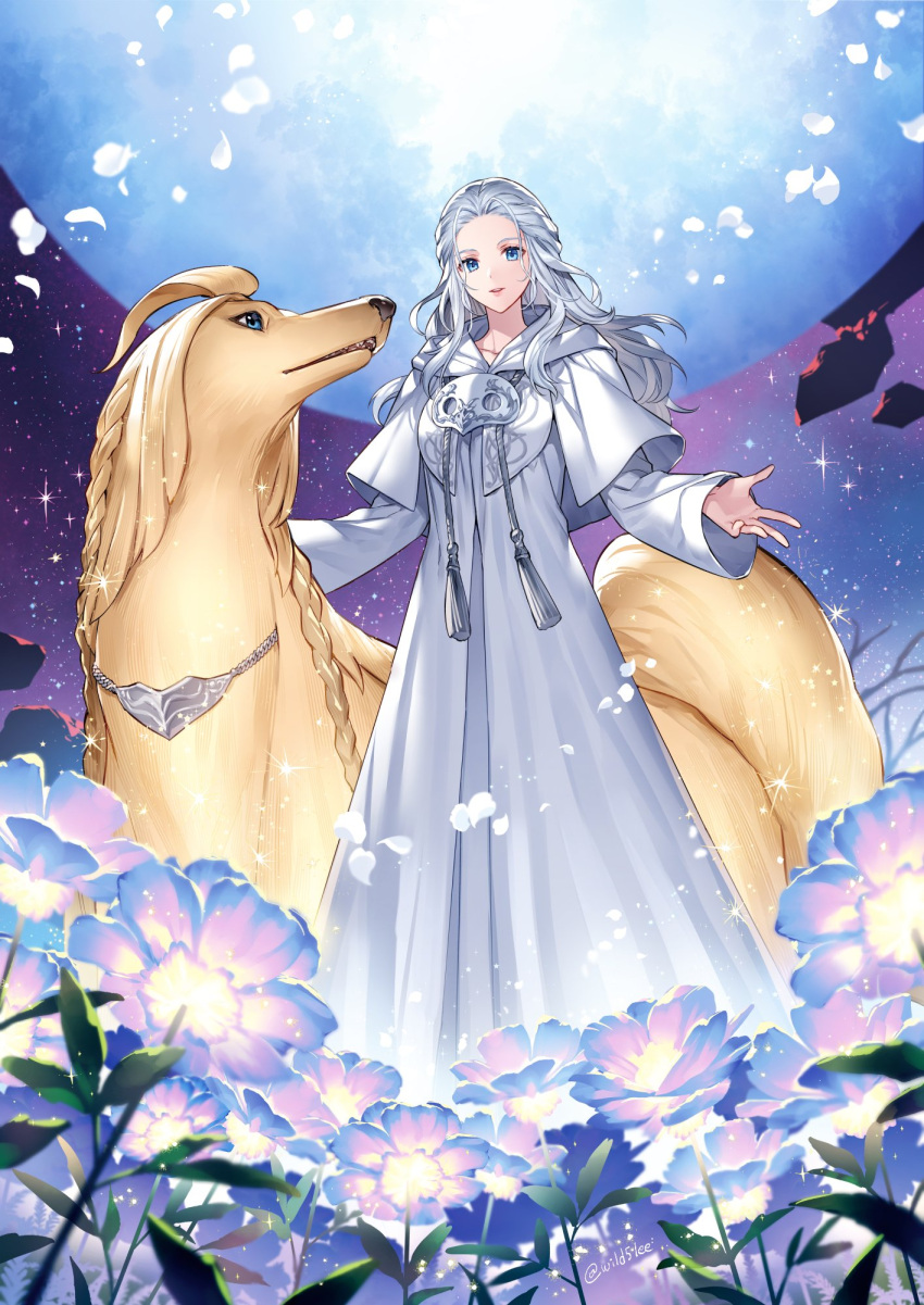 1girl afghan_hound animal argos_(ff14) blue_eyes capelet commentary_request dog drawstring elpis_flower falling_petals field final_fantasy final_fantasy_xiv flower flower_field full_body glowing_flower grey_hair highres hood hood_down hooded_capelet korean_commentary leaf light_smile long_hair looking_at_viewer mask mask_around_neck outdoors parted_lips petals planet robe sky sophist's_robe_(ff14) sparkle standing star_(sky) starry_sky tassel unworn_mask venat_(ff14) wavy_hair white_capelet white_robe wide_sleeves wild5lee