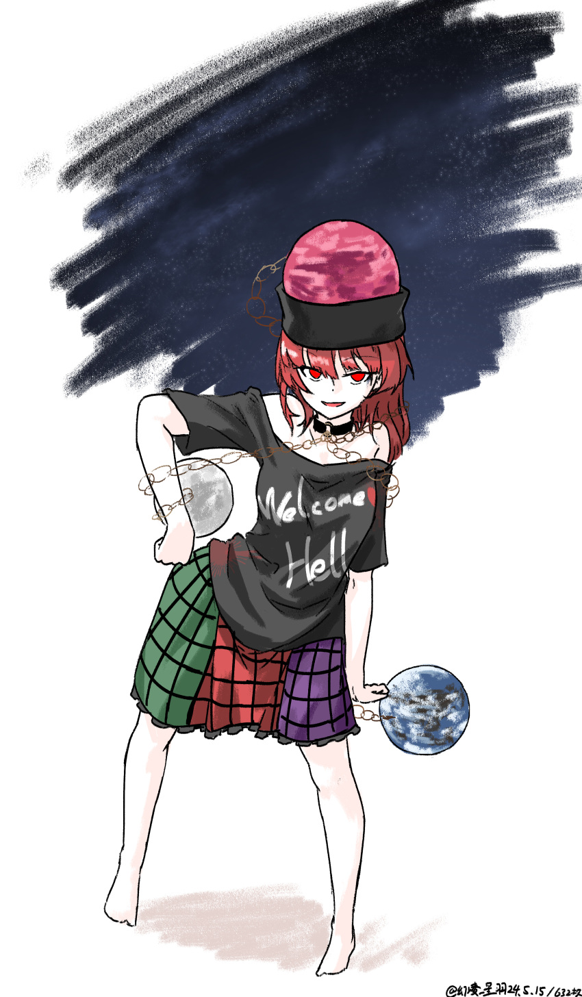 1girl absurdres bare_shoulders barefoot black_hat black_shirt clothes_writing collar earth_(ornament) frilled_skirt frills hat hecatia_lapislazuli highres medium_hair moon_(ornament) multicolored_clothes multicolored_skirt one-hour_drawing_challenge plaid plaid_skirt red_eyes red_hair shirt skirt smile solo touhou underworld_(ornament) ve1024