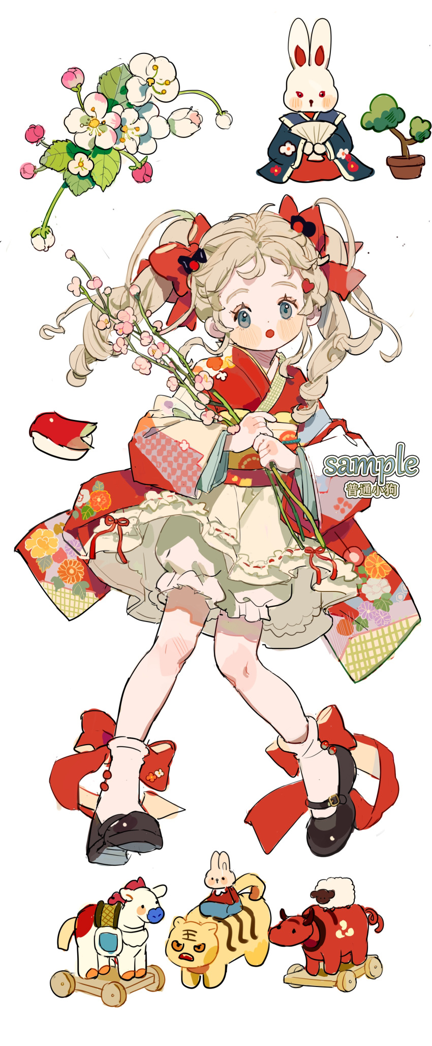 1girl absurdres ankle_socks artist_name belt_buckle black_footwear blonde_hair bloomers blue_eyes blue_kimono blush_stickers bonsai bow bow_legwear buckle bud bull cherry_blossoms chinese_commentary commentary_request commission eyelashes eyeshadow floral_print flower folding_fan full_body hair_bow hand_fan highres holding holding_fan holding_flower horse japanese_clothes kimono leaf long_hair long_sleeves looking_at_viewer makeup mary_janes miniskirt open_mouth original pink_eyeshadow pink_flower plant potted_plant putong_xiao_gou rabbit red_bow red_kimono red_theme ribbon-trimmed_skirt ribbon_trim sample_watermark sash sheep shoes simple_background skirt socks solo tiger toy twintails watermark white_background white_bloomers white_flower white_skirt white_socks wide_sleeves yellow_sash