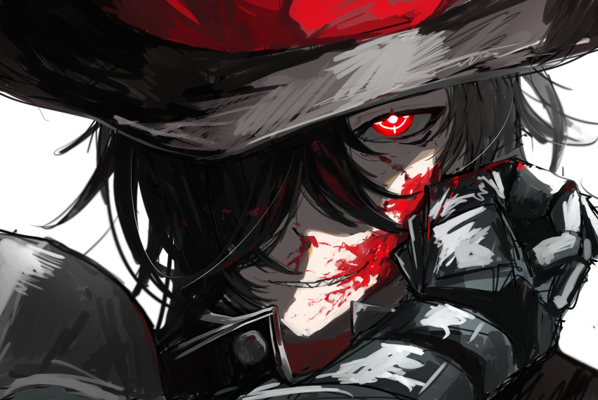 1boy absurdres black_hair black_hat blood blood_on_face boothill_(honkai:_star_rail) bright_pupils cowboy cowboy_hat crosshair_pupils glaring grin hair_over_one_eye hat highres honkai:_star_rail honkai_(series) looking_at_viewer male_focus mechanical_arms mechanical_hands multicolored_hair portrait red_eyes sharp_teeth simple_background smile solo teeth tenn_binn white_background white_hair white_pupils wiping_face