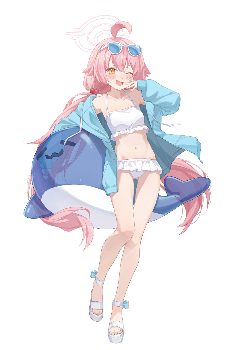 1girl absurdres ahoge bikini blue_archive blue_jacket blush breasts collarbone eyewear_on_head fang frilled_bikini frills full_body hair_between_eyes hair_bobbles hair_ornament halo highres hoshino_(blue_archive) hoshino_(swimsuit)_(blue_archive) inflatable_toy inflatable_whale jacket long_hair long_sleeves low_twintails midori_xu navel official_alternate_costume one_eye_closed open_clothes open_jacket open_mouth pink_hair pink_halo sandals simple_background small_breasts smile solo sunglasses swimsuit twintails white_background white_bikini yellow_eyes