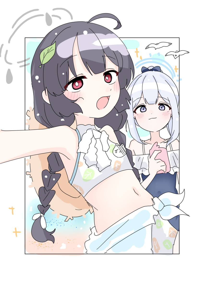 2girls absurdres ahoge animal bare_arms bare_shoulders bikini bird black_hair black_one-piece_swimsuit blue_archive blue_halo blush bobok braid casual_one-piece_swimsuit cellphone closed_mouth flat_chest frilled_one-piece_swimsuit frills grey_hair grey_halo halo hat highres holding holding_phone leaf leaf_on_head long_hair miyako_(blue_archive) miyako_(swimsuit)_(blue_archive) miyu_(blue_archive) miyu_(swimsuit)_(blue_archive) multiple_girls navel official_alternate_costume official_alternate_hairstyle one-piece_swimsuit open_mouth phone purple_eyes red_eyes seagull smartphone smile straw_hat swimsuit twin_braids white_bikini