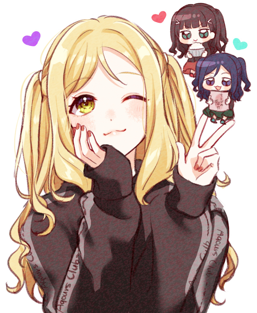 1girl ;3 black_sweater blonde_hair heart highres kurosawa_dia long_hair long_sleeves looking_at_viewer love_live! love_live!_sunshine!! matsuura_kanan nail_polish nky4321 ohara_mari one_eye_closed red_nails shiny_hair solo sweater twintails upper_body w white_background yellow_eyes