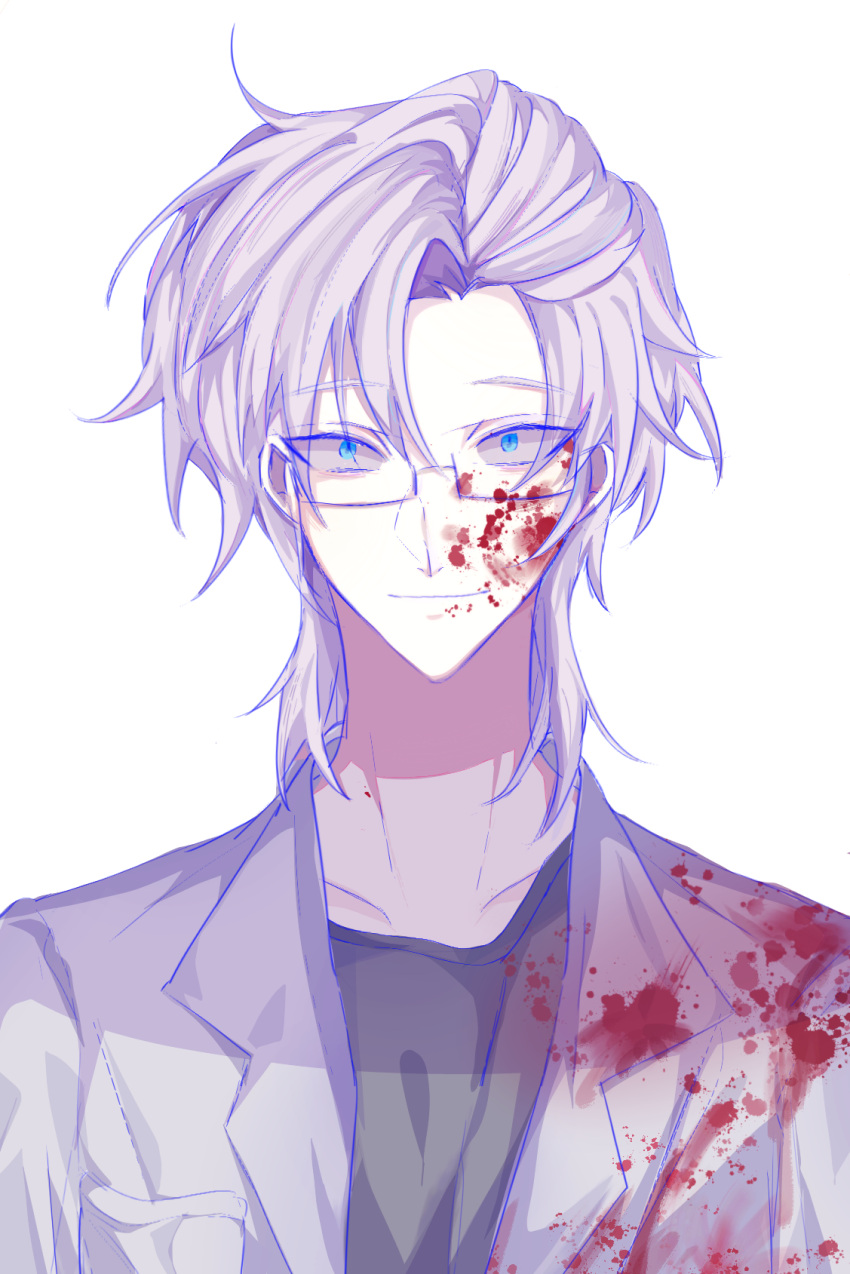 1boy black_shirt blood blood_on_clothes blood_on_face blue_eyes chinese_commentary closed_mouth collarbone colored_lineart commentary_request glasses highres kanou_aogu lab_coat looking_at_viewer male_focus medium_hair open_clothes portrait rectangular_eyewear saibou_shinkyoku semi-rimless_eyewear shi_yuan shirt simple_background smile solo white_background white_hair