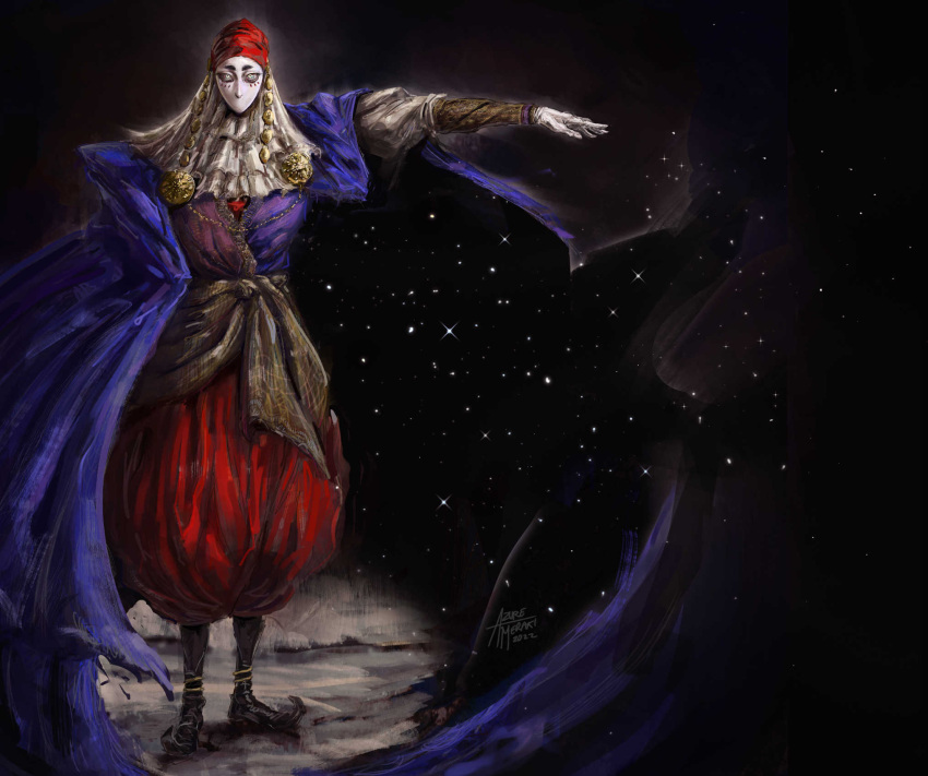 1other ambiguous_gender azure_meraki cape colorful covered_face dated double_exposure gloves highres looking_at_viewer mask original outstretched_arms pants purple_cape red_pants signature sky solo spread_arms star_(sky) starry_sky white_gloves