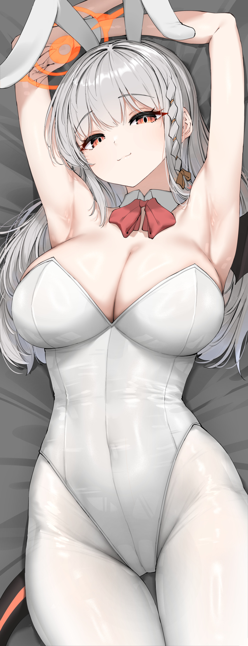 1girl absurdres animal_ears armpits black_tail blue_archive bow bowtie braid breasts cleavage closed_mouth cowboy_shot demon_tail detached_collar fake_animal_ears grey_hair halo haruna_(blue_archive) highres kagi_f large_breasts long_hair looking_at_viewer pantyhose rabbit_ears red_bow red_bowtie red_eyes red_halo side_braid smile solo tail white_pantyhose