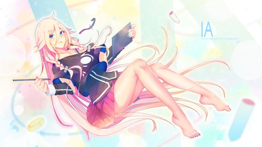 1girl :d absurdres artist_name bangs bare_legs black_shirt blue_eyes blue_nails braid cevio character_name collarbone floating_hair full_body hair_between_eyes highres holding ia_(vocaloid) long_hair looking_at_viewer miniskirt nail_polish off-shoulder_shirt off_shoulder pink_skirt pleated_skirt shirt skirt smile solo songjiangcc toenail_polish toenails twin_braids very_long_hair vocaloid white_hair