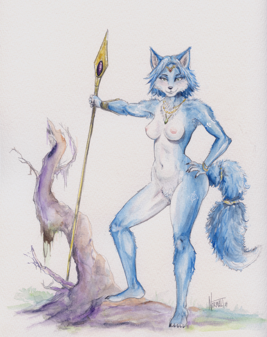 absurd_res accessory anthro blue_body blue_fur breasts canid canine crotch_tuft curvy_figure female fox fur furgonomics hand_on_hip hi_res jewelry_only krystal_(star_fox) mammal markings medium_breasts nintendo normalt nude painting_(artwork) pinup pose pubes smile smiling_at_viewer solo standing star_fox tail tail_accessory traditional_media_(artwork) tribal tribal_markings tuft warrior watercolor_(artwork) weapon white_body white_fur wide_hips