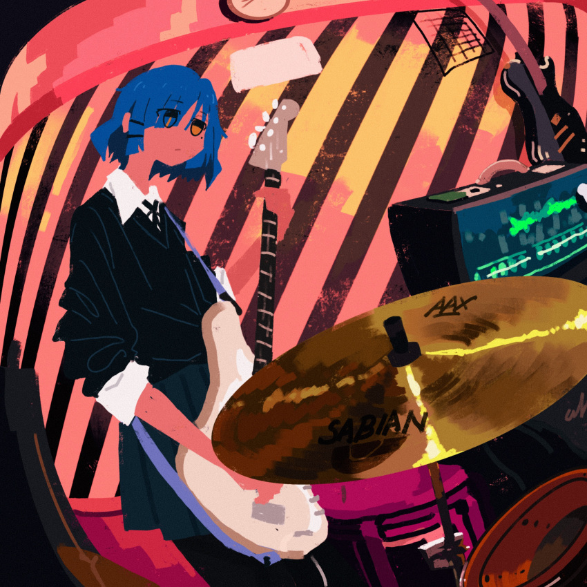 1girl amplifier bangs bass_guitar black_cardigan black_ribbon blue_hair bocchi_the_rock! cardigan clock collared_shirt cymbals drum drum_set electric_guitar fender_precision_bass gibson_les_paul guitar hair_ornament hair_over_one_eye highres instrument mole mole_under_eye music neck_ribbon pantyhose playing_instrument pleated_skirt ribbon sakutaro_(39ar_39ca) school_uniform shimokitazawa_high_school_uniform shirt shirt_tucked_in short_hair skirt wall_clock yamada_ryou yellow_eyes