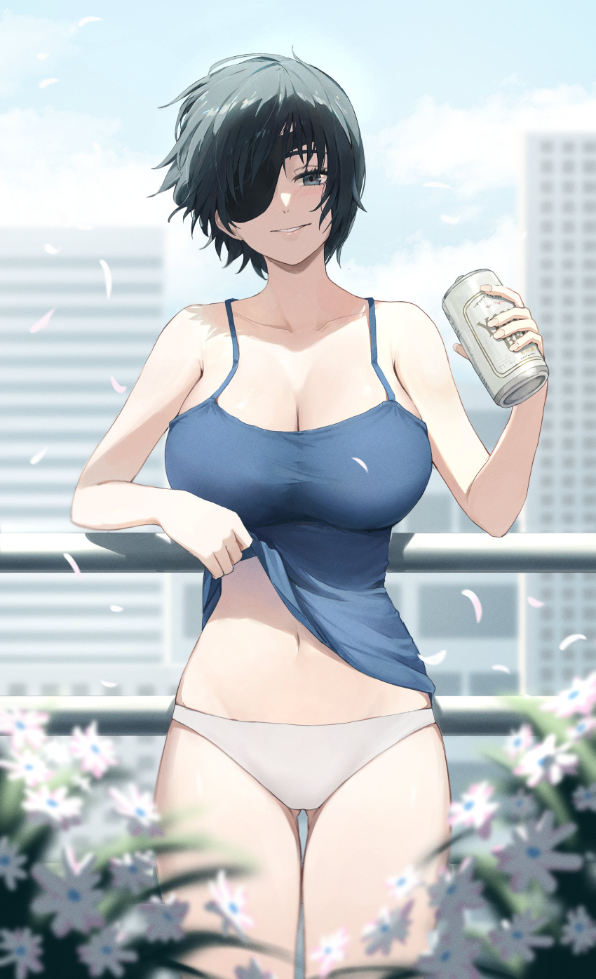 1girl absurdres against_railing alternate_costume balcony beer_can black_hair blue_camisole blue_sky blush breasts camisole can chainsaw_man cityscape cleavage clothes_lift cloud cloudy_sky eyepatch falling_petals flower highres himeno_(chainsaw_man) holding holding_can large_breasts lifted_by_self looking_at_viewer midriff navel no_pants outdoors panties pants parted_lips petals pigone railing shirt shirt_lift short_hair sky sleeveless sleeveless_shirt smile solo underwear white_flower white_panties white_pants