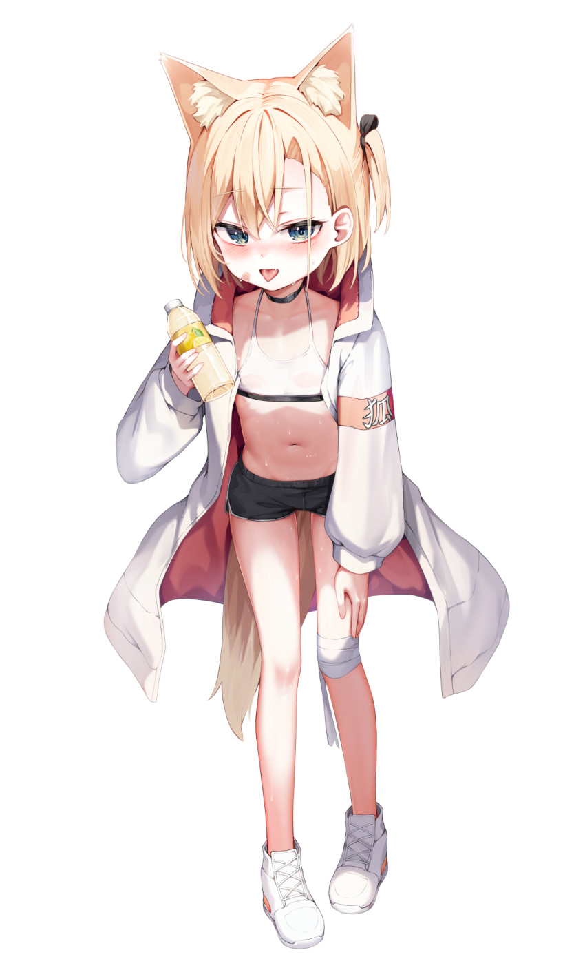 1girl animal_ear_fluff animal_ears bandaged_leg bandages bandaid bandaid_on_face black_ribbon black_shorts blonde_hair blue_eyes bottle commentary_request dolphin_shorts fang flat_chest full_body hair_between_eyes hair_ribbon hand_on_own_leg highres holding holding_bottle jacket leaning_forward leg_grab long_bangs long_sleeves looking_at_viewer mannack midriff navel one_side_up open_clothes open_jacket open_mouth original ribbon shoes short_hair short_shorts shorts simple_background single_bare_leg skin_fang sneakers solo sports_bra sweat tail tongue tongue_out very_sweaty water_bottle white_background white_footwear white_jacket white_sports_bra wolf_ears wolf_girl wolf_tail