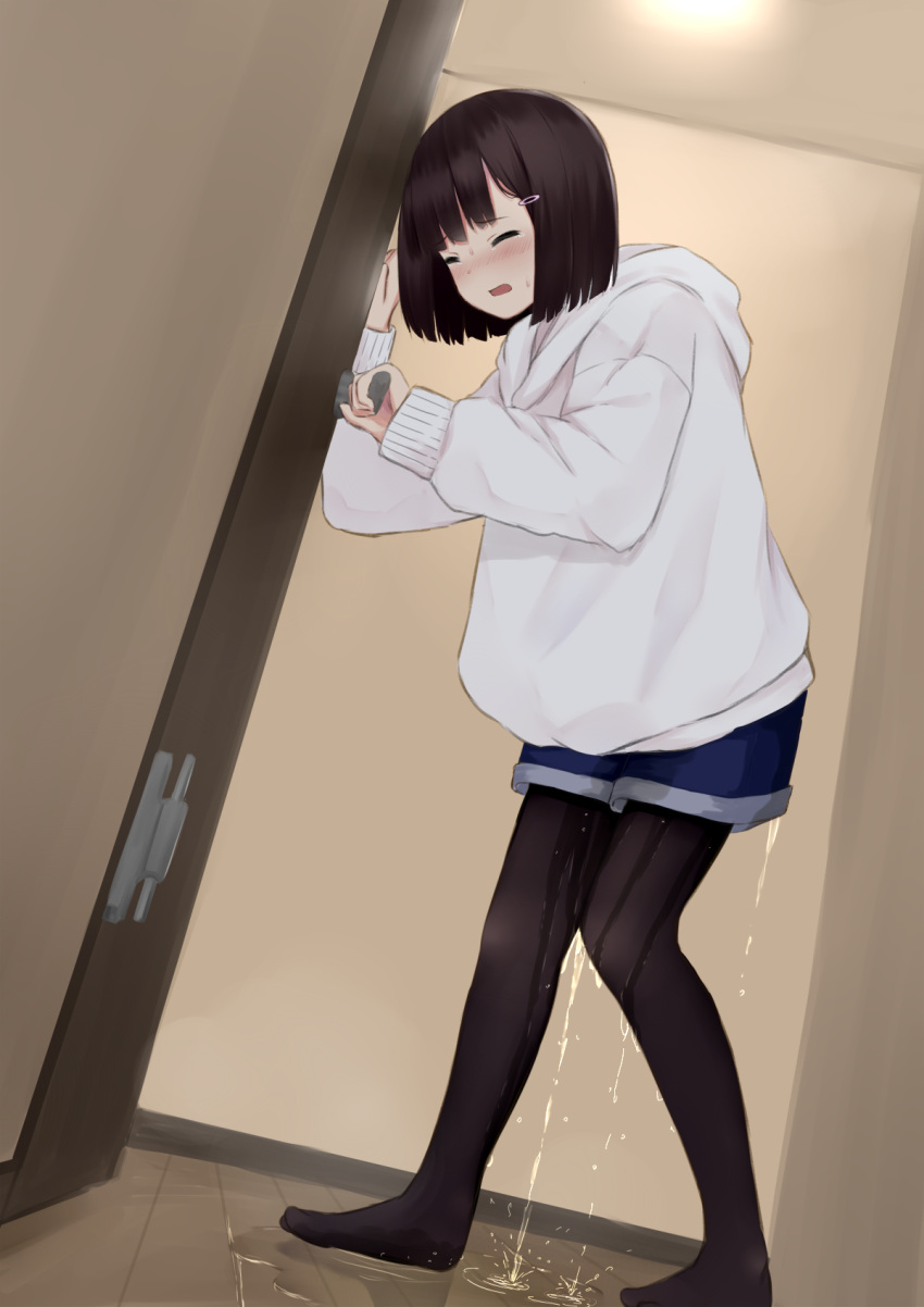 1girl ^_^ bangs black_pantyhose blue_shorts blush bob_cut brown_hair closed_eyes commentary_request door embarrassed full_body hands_up highres hood hood_down hooded_sweater indoors kanekan knees_together_feet_apart leaning_forward long_sleeves nose_blush open_mouth original pantyhose pee peeing peeing_self puddle raised_eyebrows short_hair short_shorts shorts sidelocks solo standing sweat sweater tears white_sweater wooden_floor