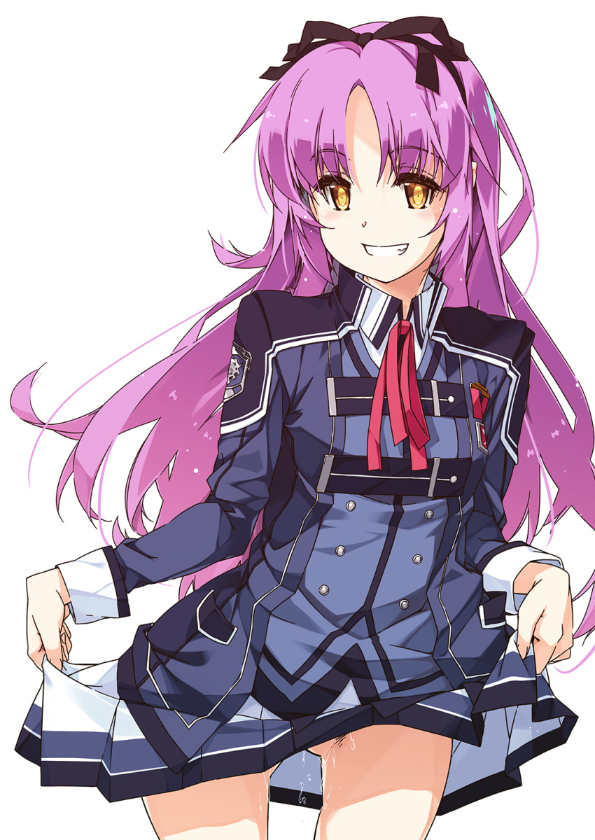 1girl black_hairband black_ribbon clothes_lift collared_shirt cowboy_shot eiyuu_densetsu grey_jacket grin hair_ribbon hairband highres jacket lifted_by_self long_hair long_sleeves looking_at_viewer miniskirt multicolored_clothes multicolored_skirt neck_ribbon pleated_skirt purple_hair pussy_juice red_ribbon renne_(eiyuu_densetsu) ribbon sen_no_kiseki shikei shiny_hair shirt simple_background skirt skirt_lift smile solo standing very_long_hair white_background white_shirt wing_collar yellow_eyes