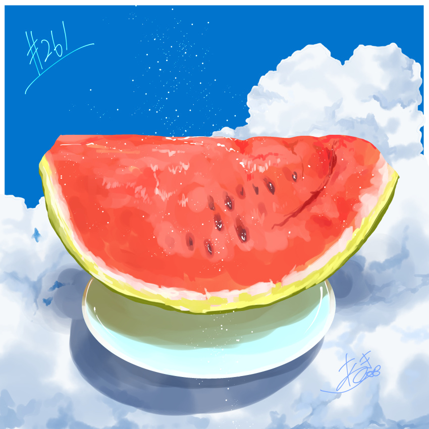 absurdres artist_name blue_sky cloud day food food_focus fruit highres no_humans original plate seed sky takisou_sou watermelon watermelon_slice