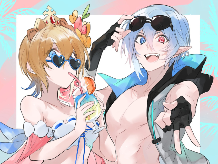 1boy 1girl abs adjusting_eyewear bandeau bare_shoulders bikini black_gloves blonde_hair blue_eyes blue_hair breasts cleavage cocktail_glass crazy_straw cup drinking drinking_glass drinking_straw europa_(granblue_fantasy) europa_(summer)_(granblue_fantasy) fingerless_gloves gloves gradient_hair granblue_fantasy grimnir heart heart-shaped_eyewear heterochromia highres holding holding_cup hood hooded_jacket jacket multicolored_hair pointy_ears reaching_towards_viewer red_eyes short_hair sidelocks sleeveless sleeveless_jacket small_breasts sunglasses swimsuit teeth tiara upper_body upper_teeth_only v white_bikini yakota_(usuk-yako)