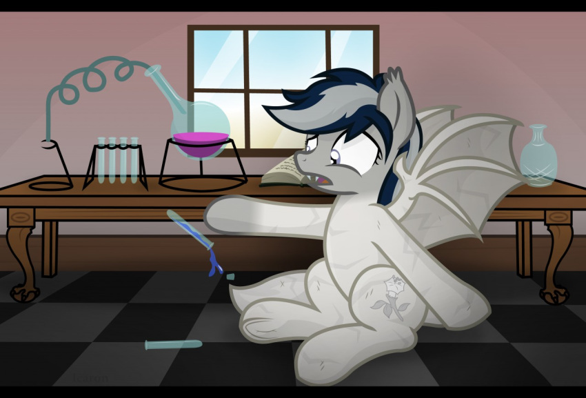 bat_pony book checkered checkered_floor cutie_mark dropping_object equid eventide falling_object fangs female feral flower fur furniture grey_body grey_fur grey_wings hair hasbro hooves icaron inanimate_transformation inside laboratory laboratory_equipment laboratory_glassware mammal membrane_(anatomy) membranous_wings mid_transformation multicolored_hair my_little_pony petrification plant potion purple_eyes scientific_instrument sitting solo spilling story story_at_source story_in_description table tail teeth test_tube transformation tufted_ears two_tone_hair underhoof window wings