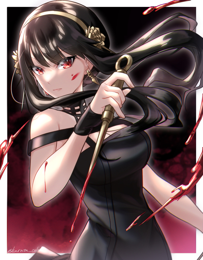 1girl black_choker black_dress black_hair blood blood_on_face blood_splatter breasts choker cleavage closed_mouth dress earrings floating_hair highres holding holding_weapon jewelry kurata_color long_hair looking_at_viewer medium_breasts red_eyes shiny_hair sleeveless sleeveless_dress solo spy_x_family twitter_username weapon yor_briar