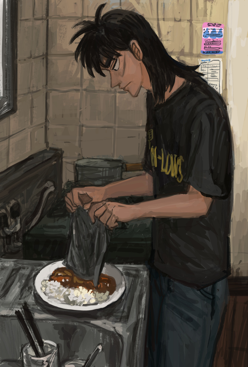 1boy absurdres bag black_hair black_shirt closed_mouth commentary_request cooking_pot curry curry_rice food fukumoto_nobuyuki_(style) highres holding holding_bag indoors itou_kaiji kaiji kitchen long_hair looking_down male_focus medium_bangs minahamu official_style parody plate rice scar scar_on_cheek scar_on_face scar_on_hand shirt sink solo style_parody t-shirt the_high-lows upper_body