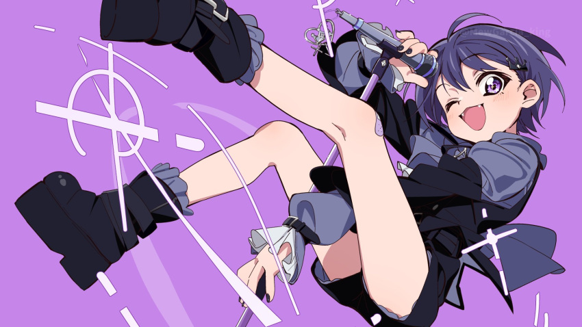 1girl ;3 arm_between_legs arm_up bandaid bandaid_on_knee bandaid_on_leg black_footwear black_nails black_shorts boots dynamic_pose fangs floating from_below full_body hair_ornament highres holding holding_microphone knee_up leg_up long_sleeves looking_at_viewer mew_garcia microphone nail_polish one_eye_closed open_mouth platform_boots platform_footwear puffy_long_sleeves puffy_sleeves purple_background purple_eyes purple_hair satou_asuka short_hair shorts solo three_quarter_view vee_(vtuber)