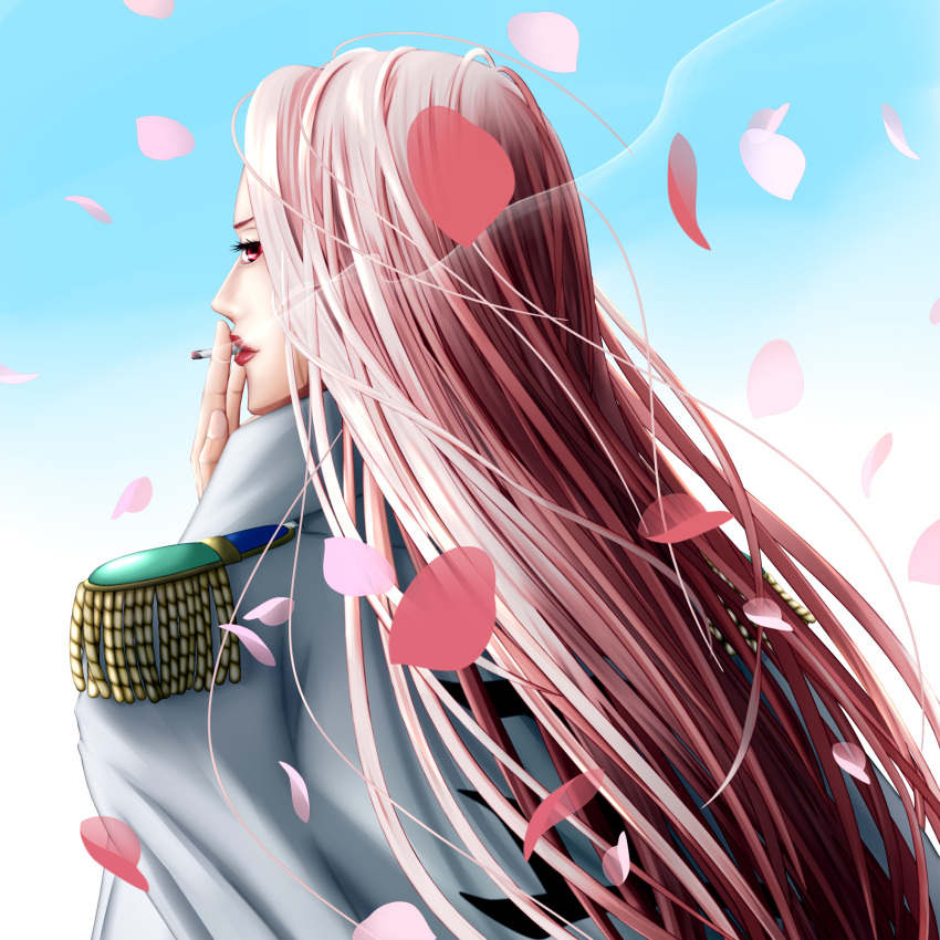 1girl back cigarette coat commentary_request epaulettes falling_petals floating gradient_background highres hina_(one_piece) holding holding_cigarette long_hair looking_back mitsuki32 one_piece petals pink_hair pink_petals red_lips sky smoke upper_body white_coat
