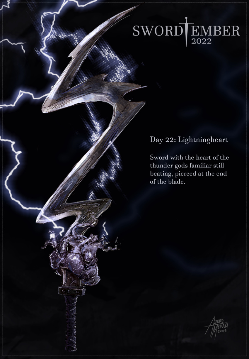 azure_meraki dated electricity english_commentary english_text heart_(organ) highres lightning no_humans original ornate_weapon signature sword weapon weapon_focus