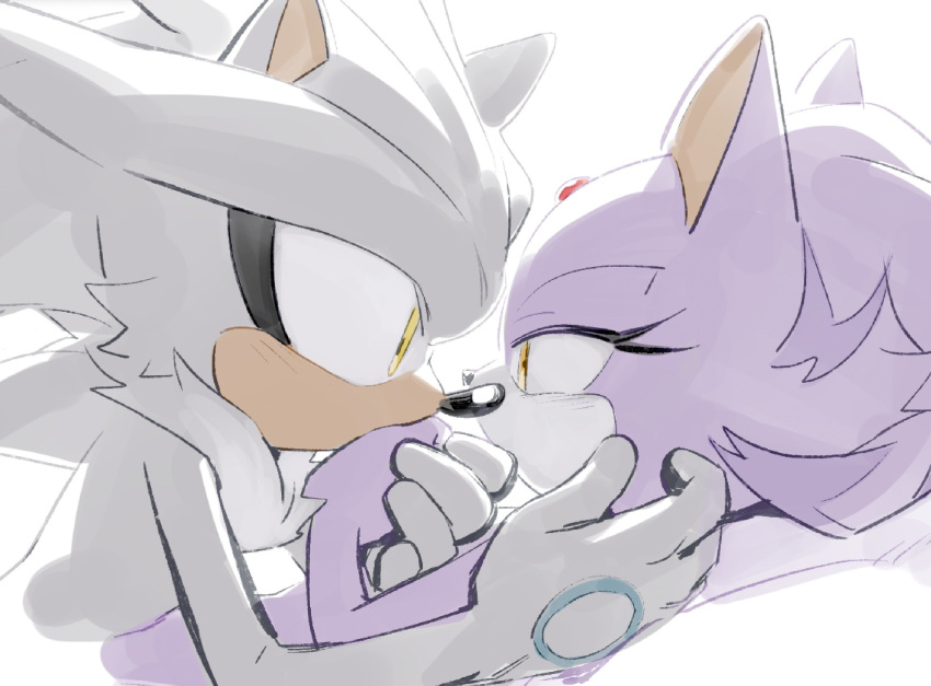 1boy 1girl animal_ears animal_nose blaze_the_cat bloom caress caressing_cheek cat_ears cat_girl chest_fluff couple eye_contact face-to-face forehead_jewel from_side gem grey_fur hair_down half-closed_eyes hand_on_another's_cheek hand_on_another's_face hedgehog_boy hedgehog_ears highres kiss kissing_hand light_blush long_eyelashes looking_at_another lying miijiu nude on_back profile purple_fur red_gemstone silver_the_hedgehog sketch sonic_(series) yellow_eyes