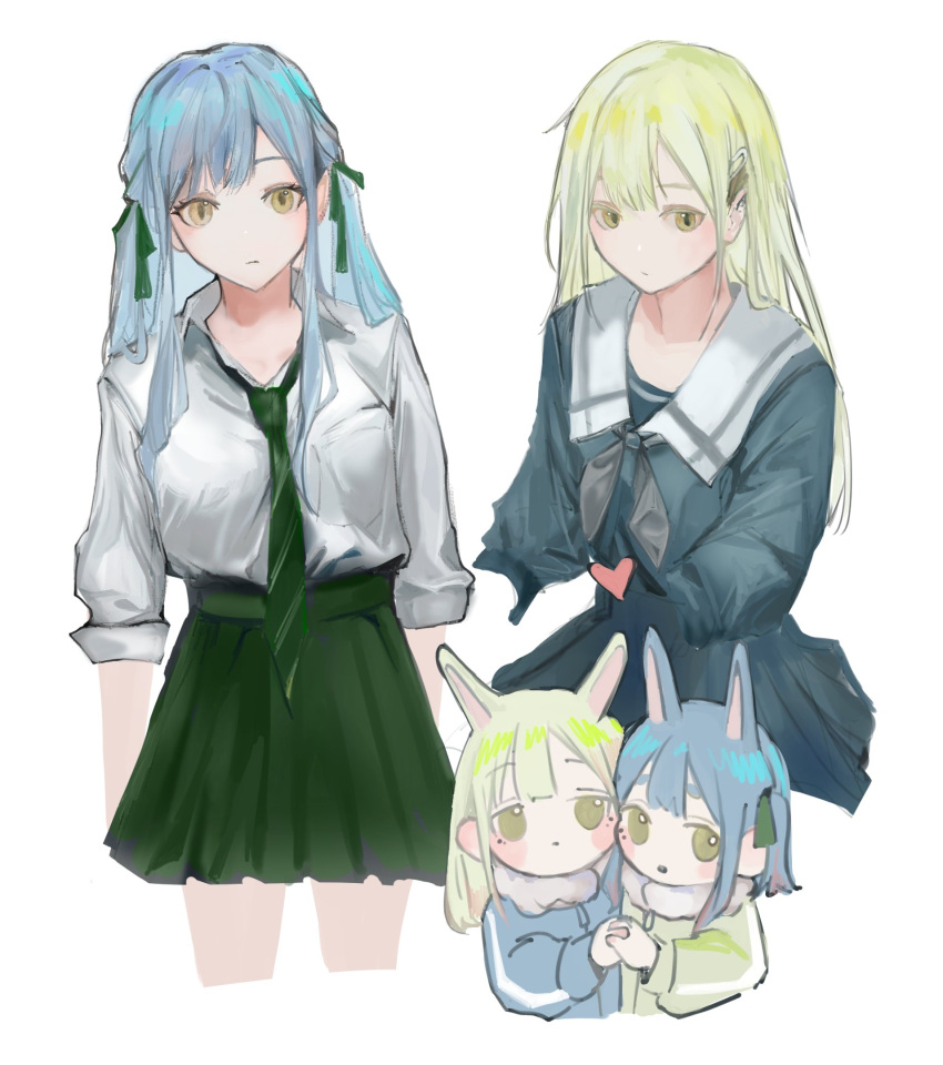 2girls animal_ears bang_dream! bang_dream!_it's_mygo!!!!! blue_hair blue_shirt blue_skirt cheek-to-cheek closed_mouth collared_shirt commentary green_hair green_necktie green_ribbon green_skirt hair_ornament hair_ribbon hairclip haneoka_school_uniform heads_together heart highres holding_hands indoors kemonomimi_mode ki3wii long_hair looking_at_viewer multiple_girls necktie pleated_skirt rabbit_ears ribbon sailor_collar school_uniform shirt skirt sleeves_rolled_up solo symbol-only_commentary togawa_sakiko tsukinomori_school_uniform wakaba_mutsumi white_background white_sailor_collar white_shirt yellow_eyes